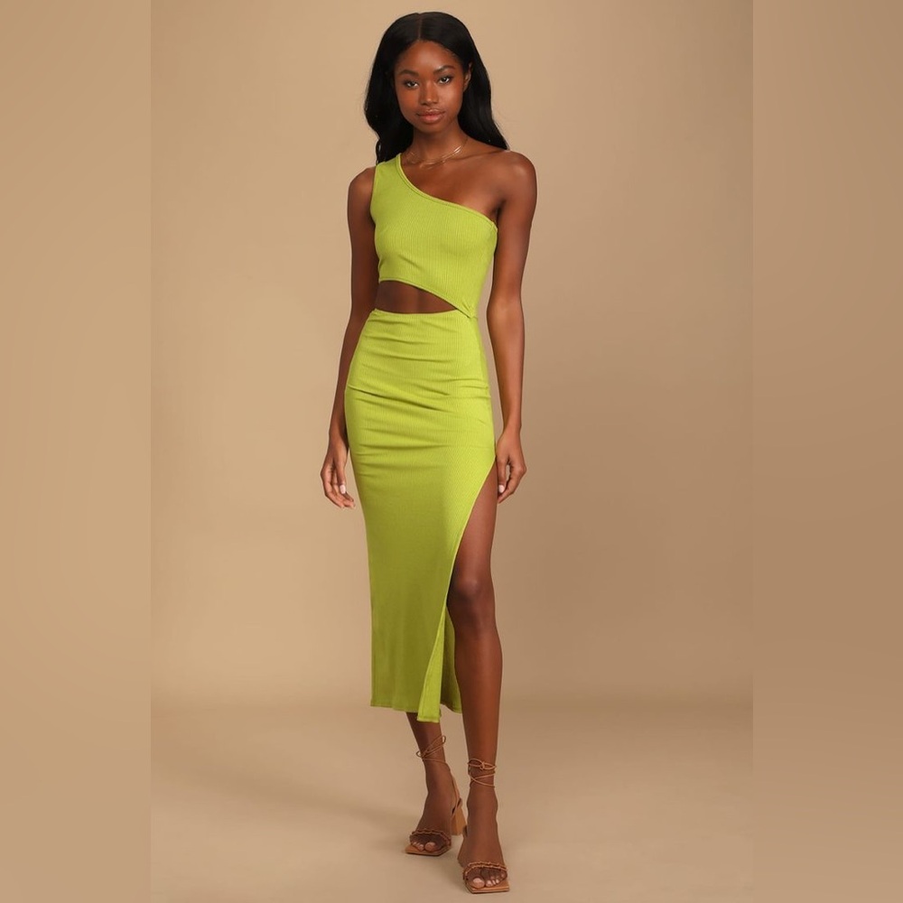 Lulu’s Spice Things Up Lime Green Ribbed One-Shoulder Cutout Midi Dress XS